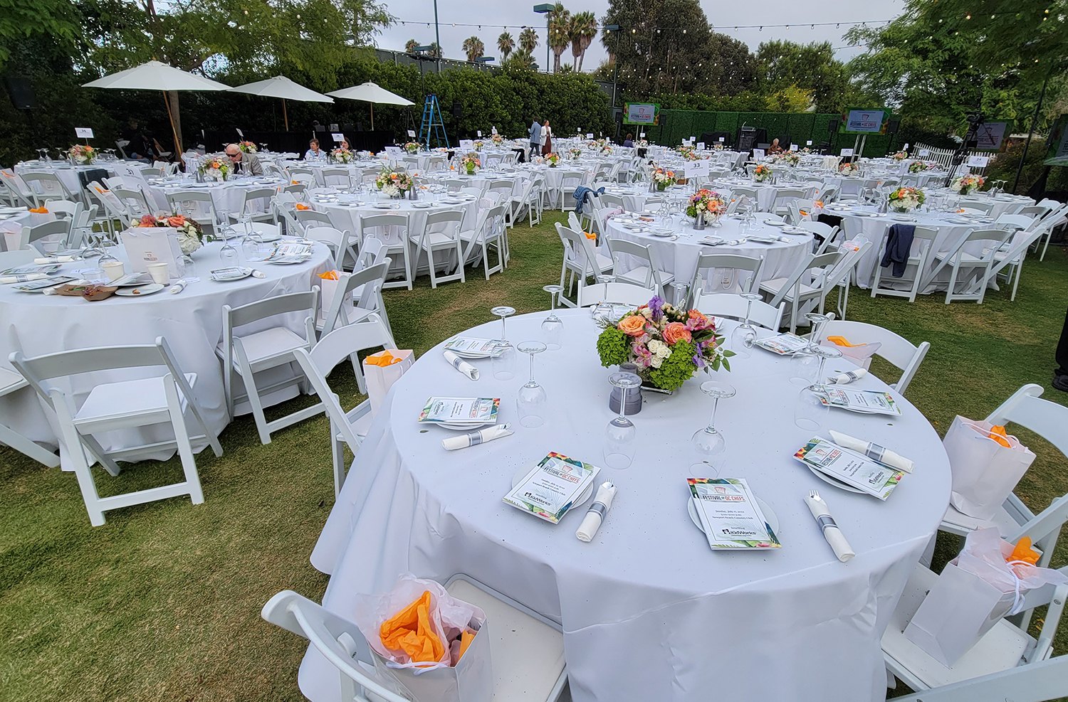 Outdoor banquet tables with white tablecloths, floral centerpieces, and string lights on a green lawn.