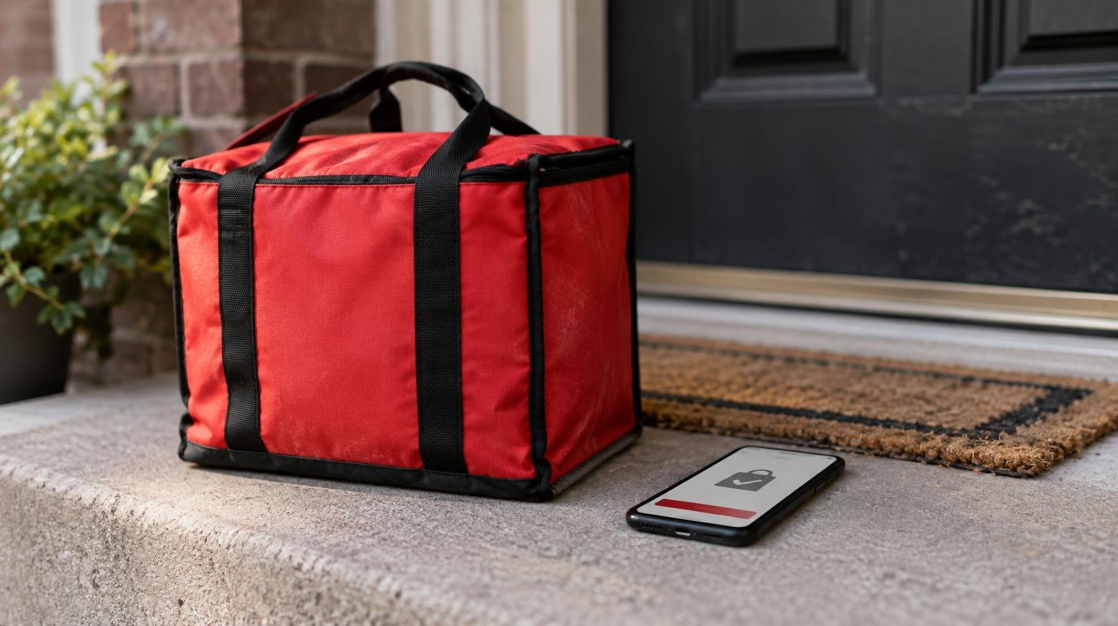 Red insulated delivery bag on a doorstep next to a face-down smartphone.