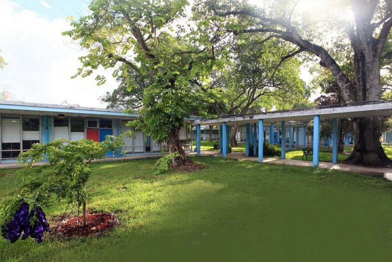Courtyard with shaded grass and covered walkways at Henry S. West Laboratory School in Coral Gables.