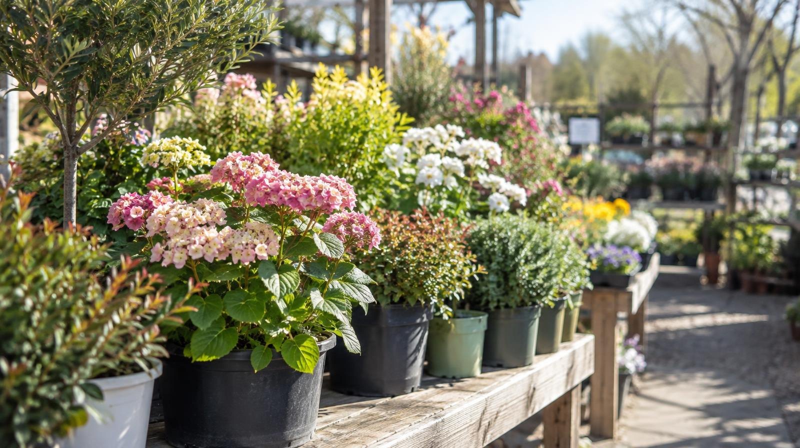 Rows of potted plants and small trees on wooden benches at a garden nursery.