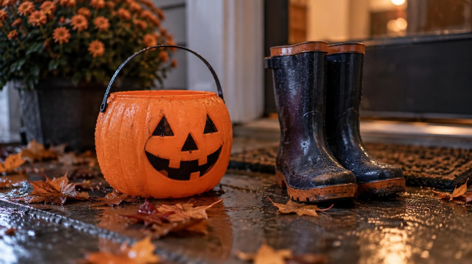 A Halloween candy pail and rubber rain boots on a rain-soaked doorstep with fallen leaves.
