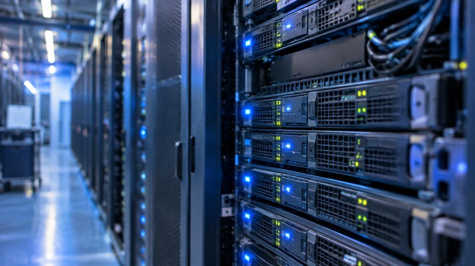 Rows of glowing server racks inside a large data center.