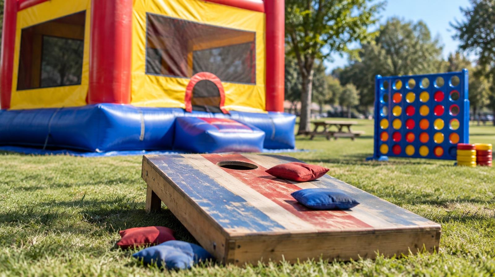 Colorful inflatable bounce house and lawn games on green grass in a park.