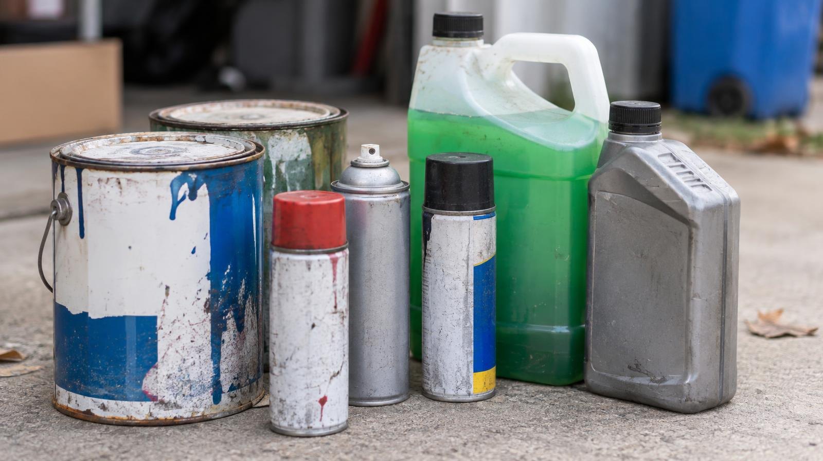 Paint cans, aerosol cans, antifreeze jug, and motor oil bottle on concrete.