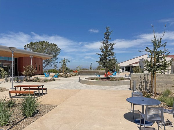 Open campus courtyard with picnic tables, young trees, and modern low-rise buildings under a blue sky.