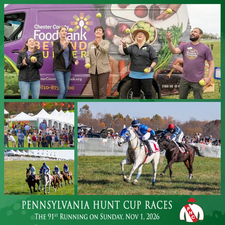 Collage showing a food bank truck, horse race jockeys, and an outdoor event crowd.