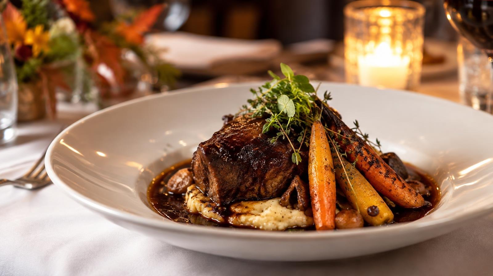Braised short rib in a white bowl with roasted carrots and dark sauce.