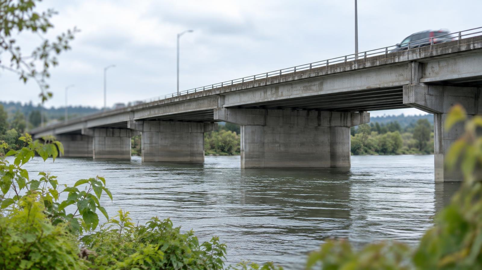 Concrete highway bridge with steel guardrails spanning a wide river, green vegetation on the banks.