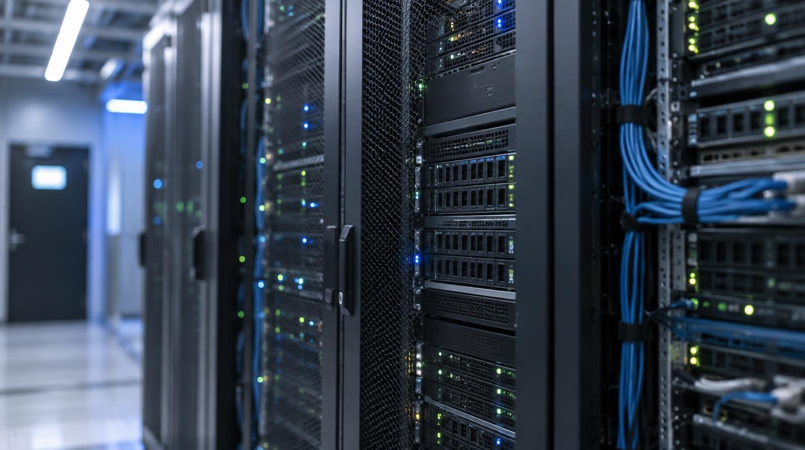 Black server rack cabinets with blinking indicator lights in a data center aisle.