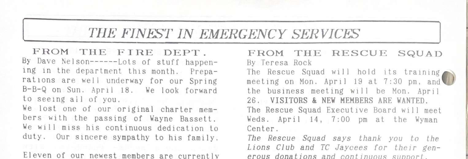 Scanned newsletter page with two columns of tribute text about a firefighter.