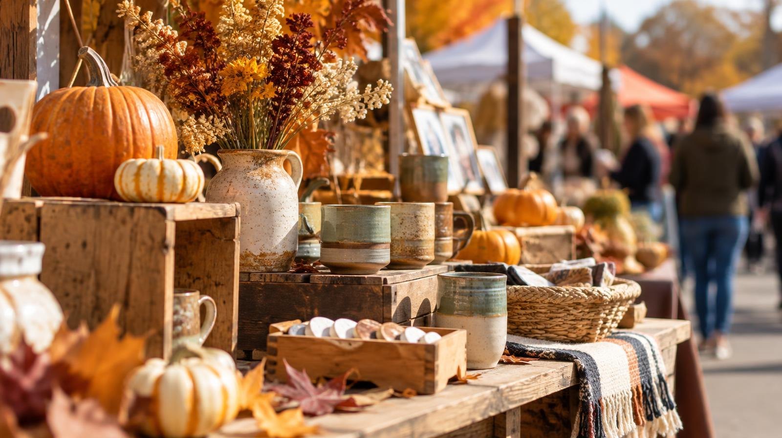 Outdoor market with colorful tents and handcrafted goods on display tables.