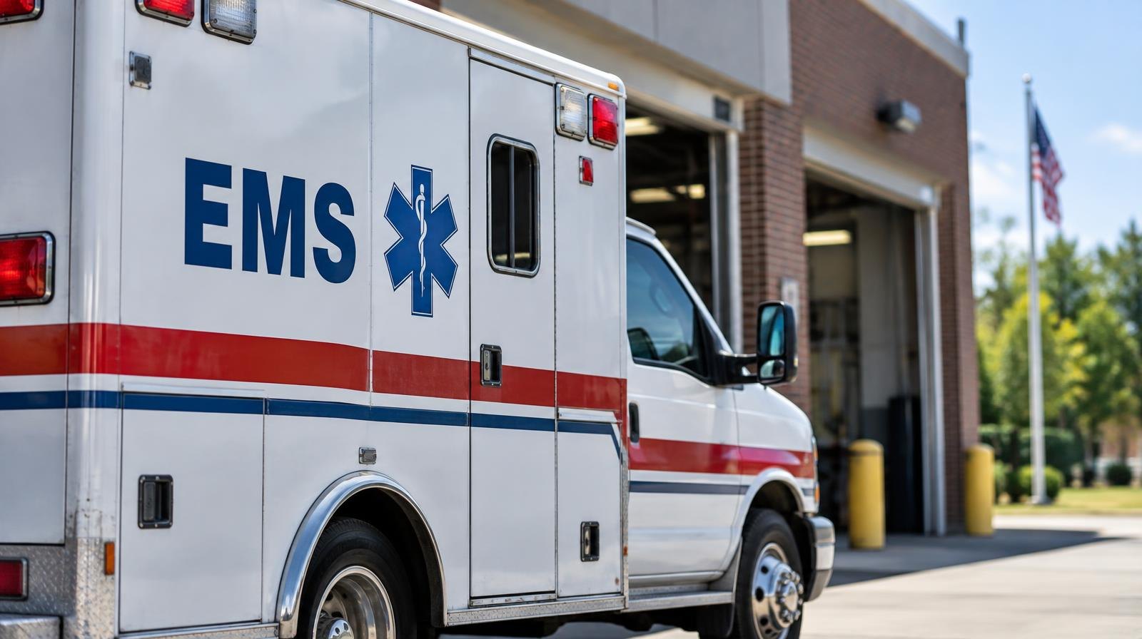 White ambulance with emergency lights parked outside a station on a clear day
