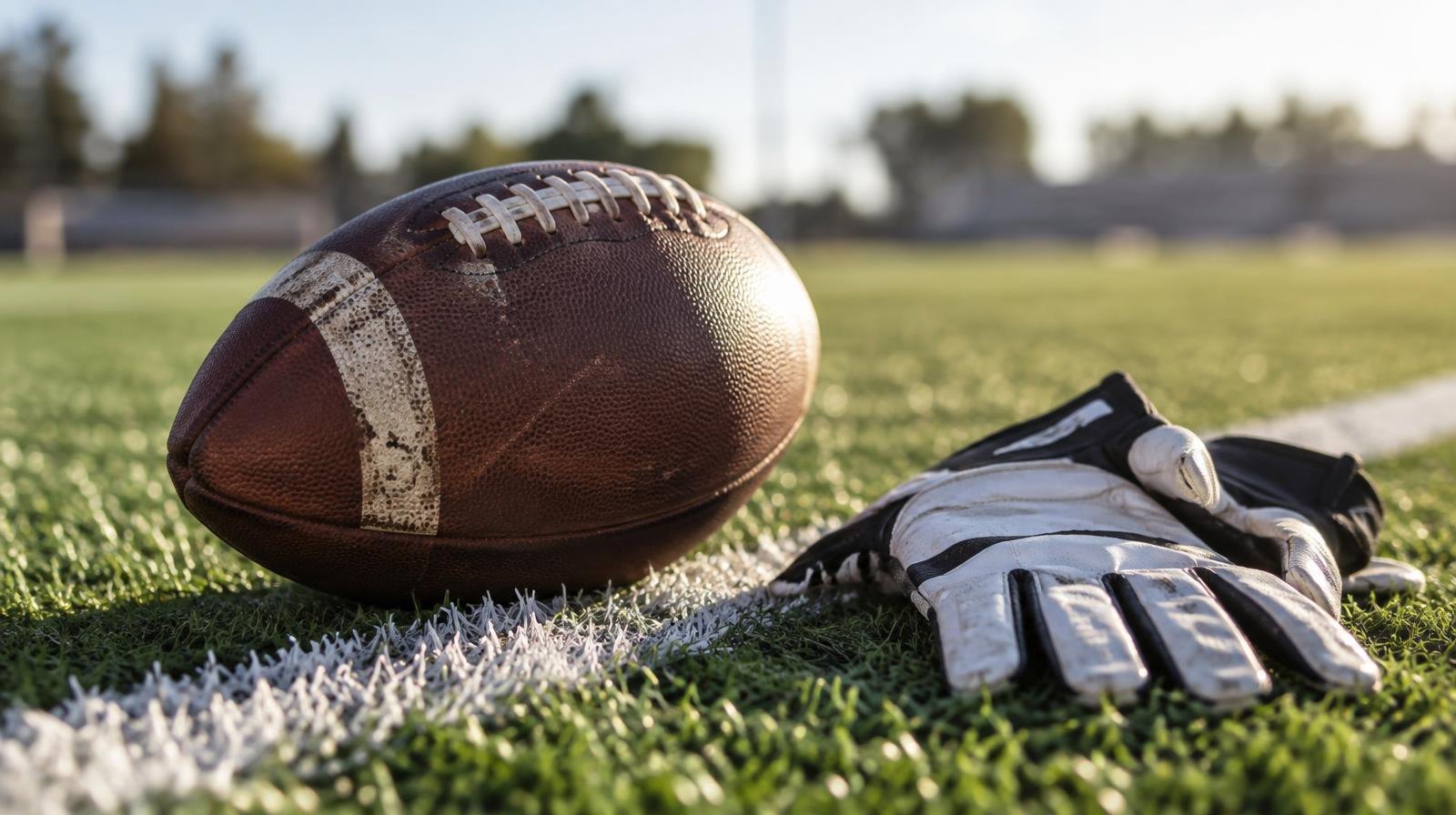 A football resting on green turf next to a white painted yard line.