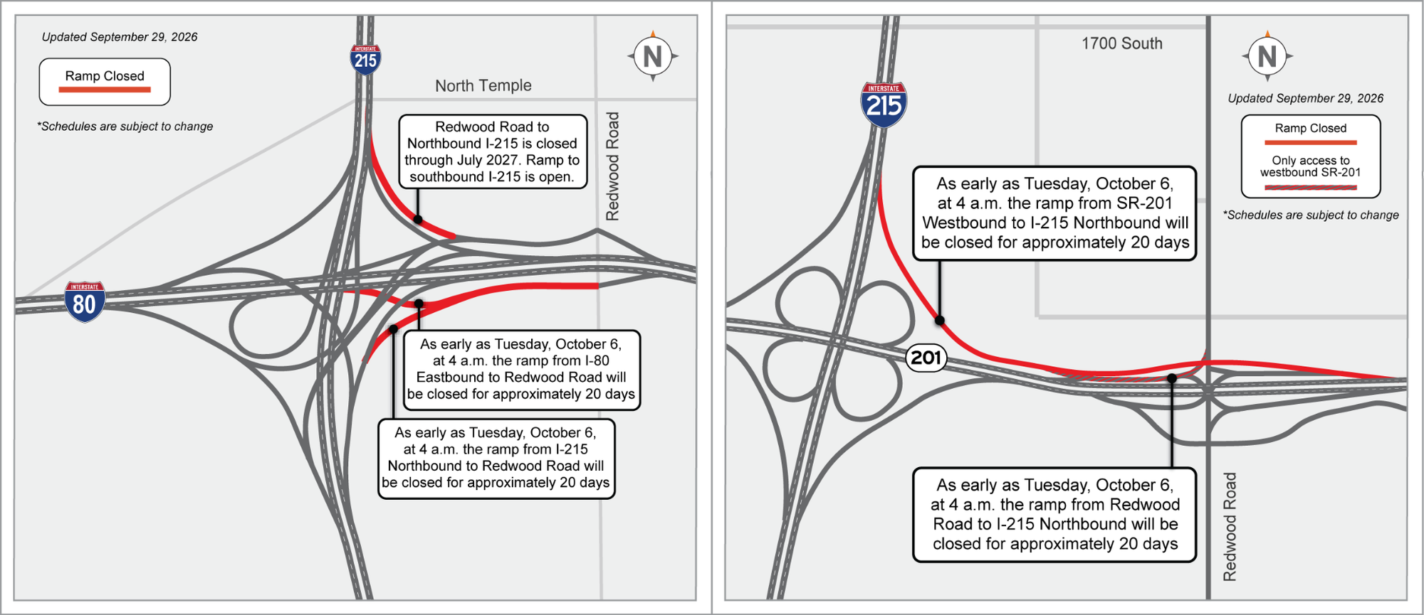Schematic maps showing closed freeway ramps near I-215, I-80, and SR-201 interchanges, with red lines marking closures.