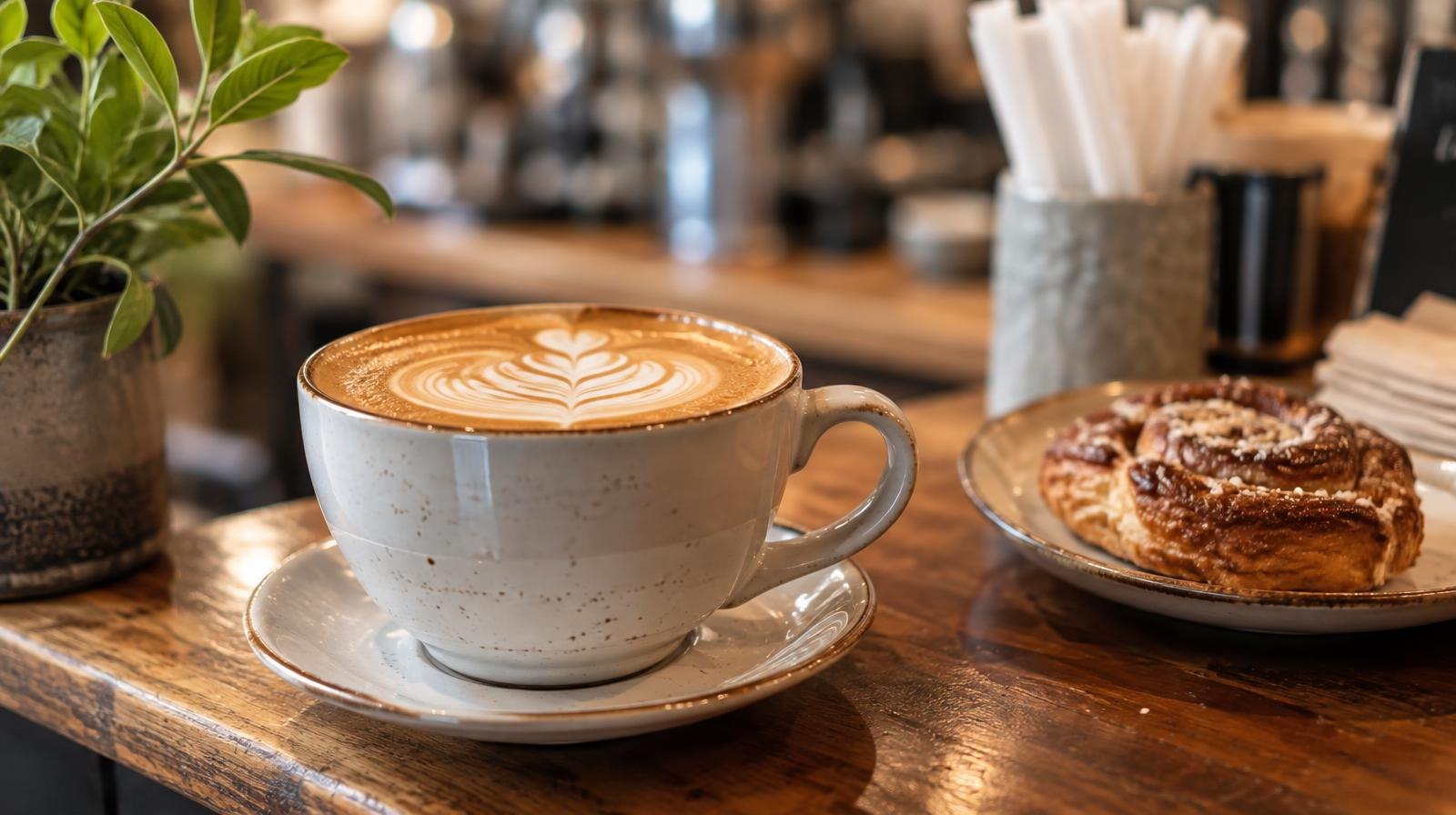 A ceramic cup of latte with foam art on a wooden counter next to a pastry.