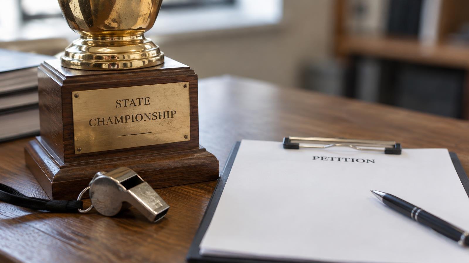 A trophy and whistle on a wooden table next to a pen and blank document.