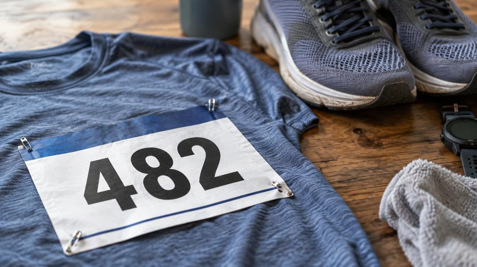 A race bib pinned to a shirt beside a pair of running shoes on a wooden surface.