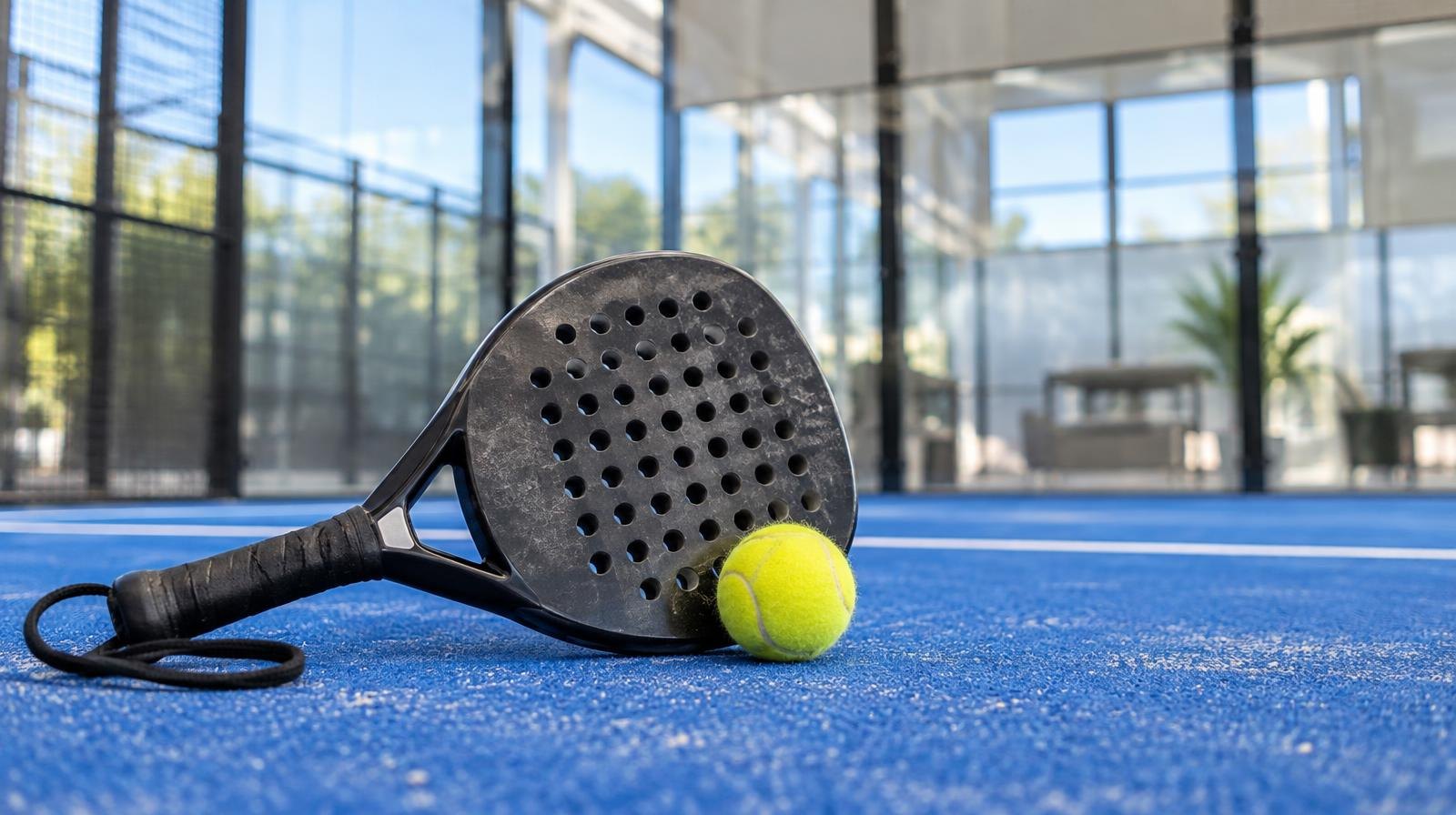 A padel racket and ball on a blue court surface with glass walls behind.