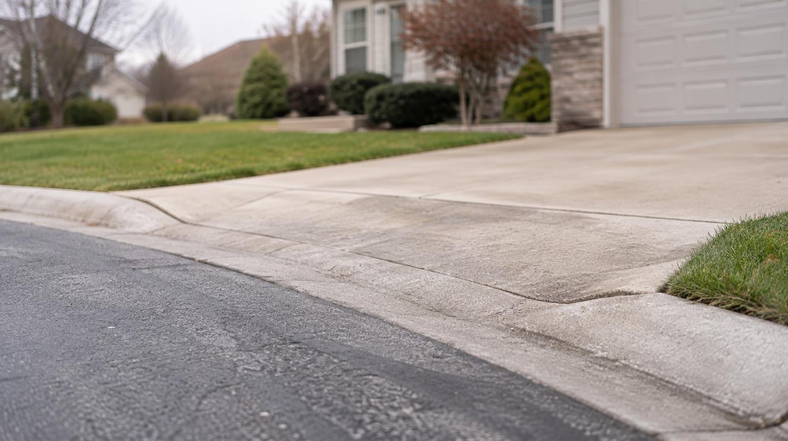 Concrete driveway apron at the edge of a suburban home on a quiet street.