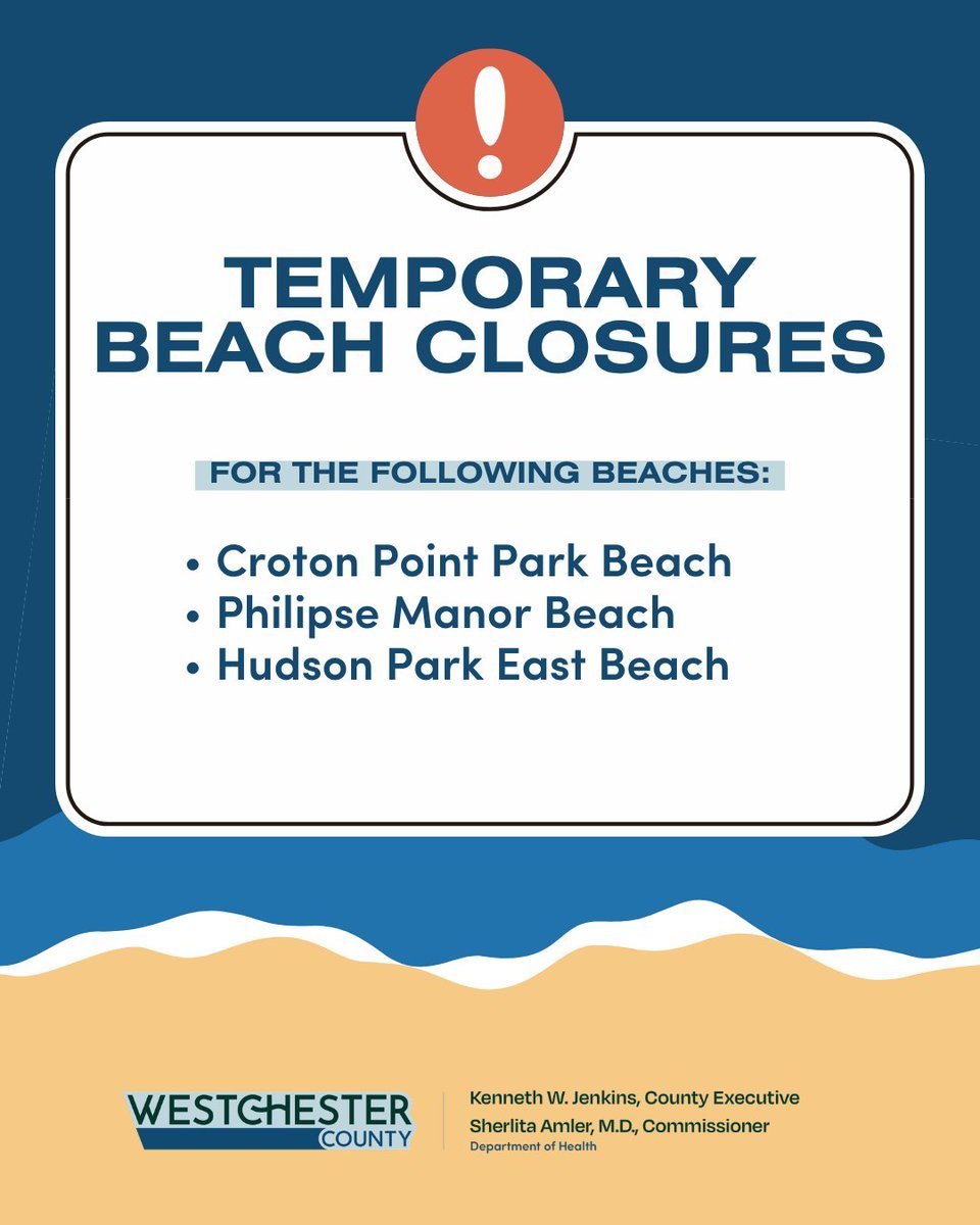 County notice graphic listing three temporarily closed beaches with alert icon and wave illustrations.