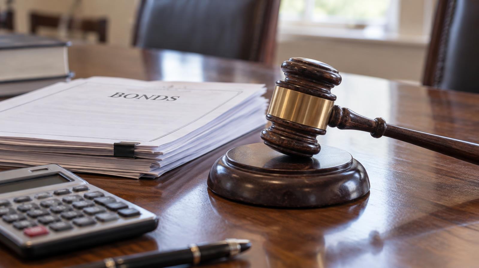 Wooden gavel and calculator beside stacked documents on a polished table.