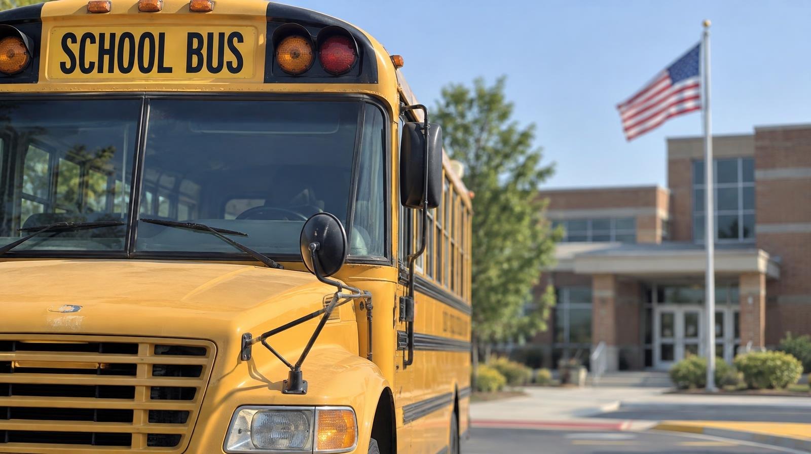 A yellow school bus parked in front of a school building with an American flag.
