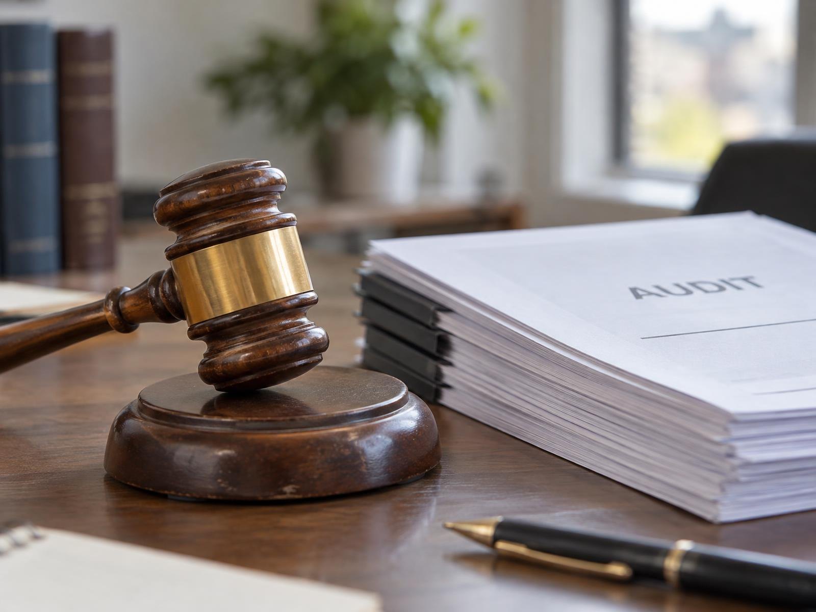 Wooden gavel on its sound block beside a stack of bound reports on a desk.