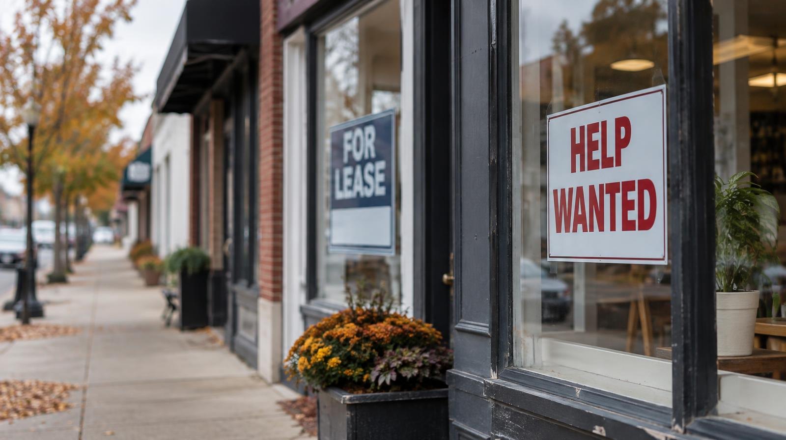 Row of small retail storefronts with a help-wanted sign and a for-lease sign in windows.