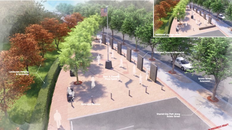 Architectural rendering of a proposed outdoor veterans memorial plaza with labeled design elements and an American flag.