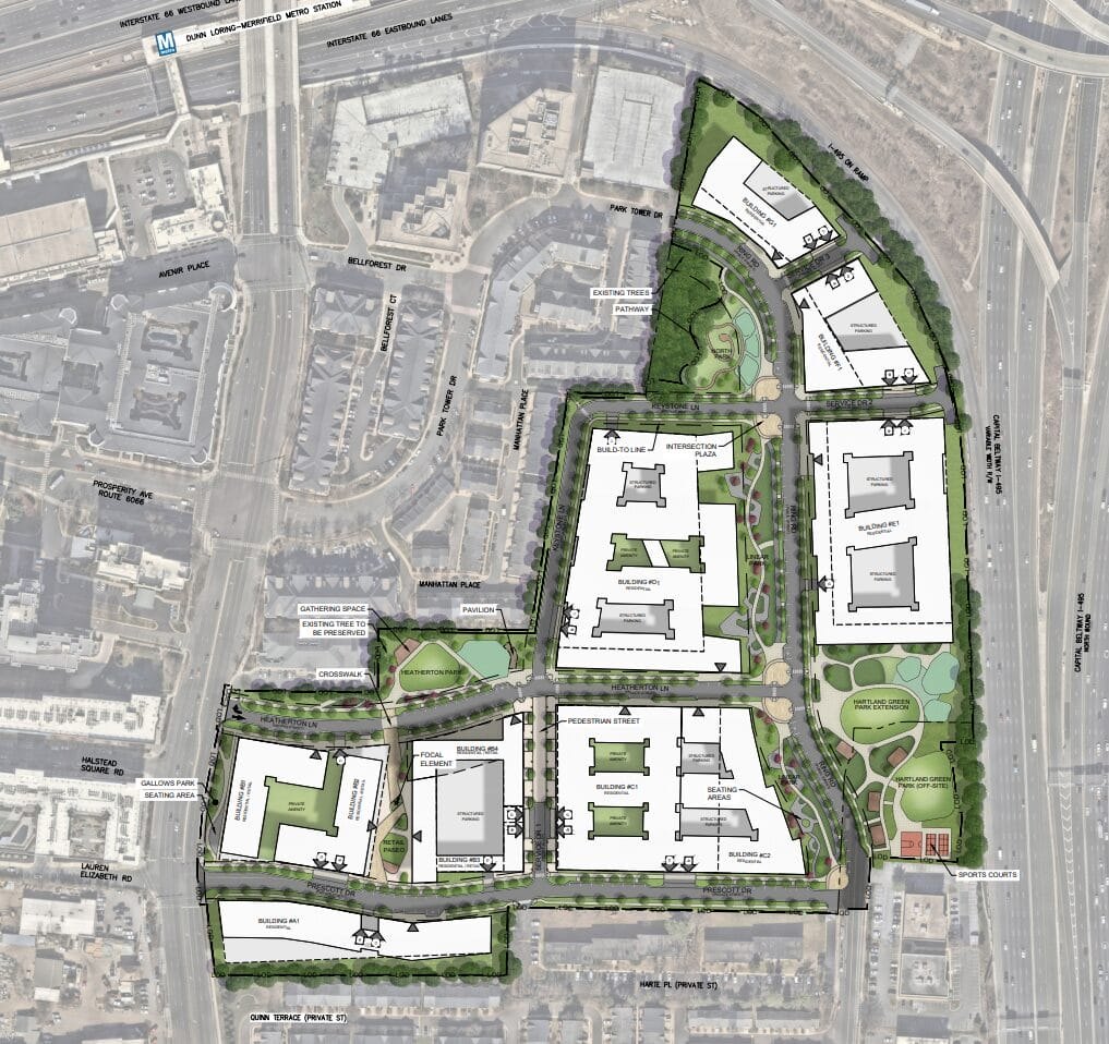 Conceptual site plan showing proposed building footprints and green spaces on a triangular parcel near a Metro station.