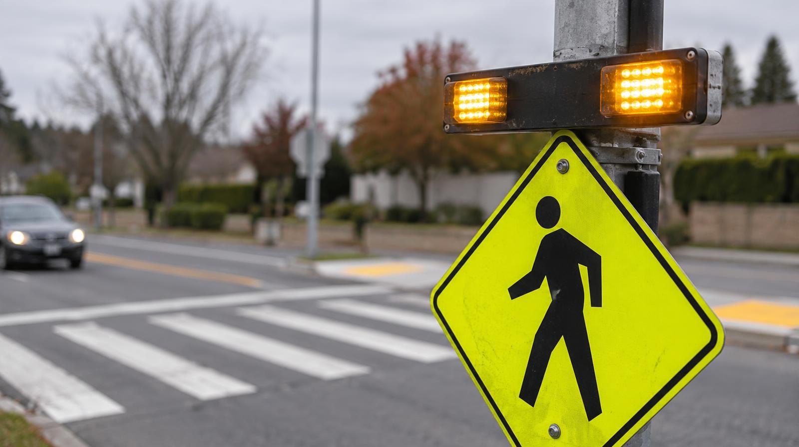 Flashing beacon unit on a pole above white crosswalk stripes on a road.