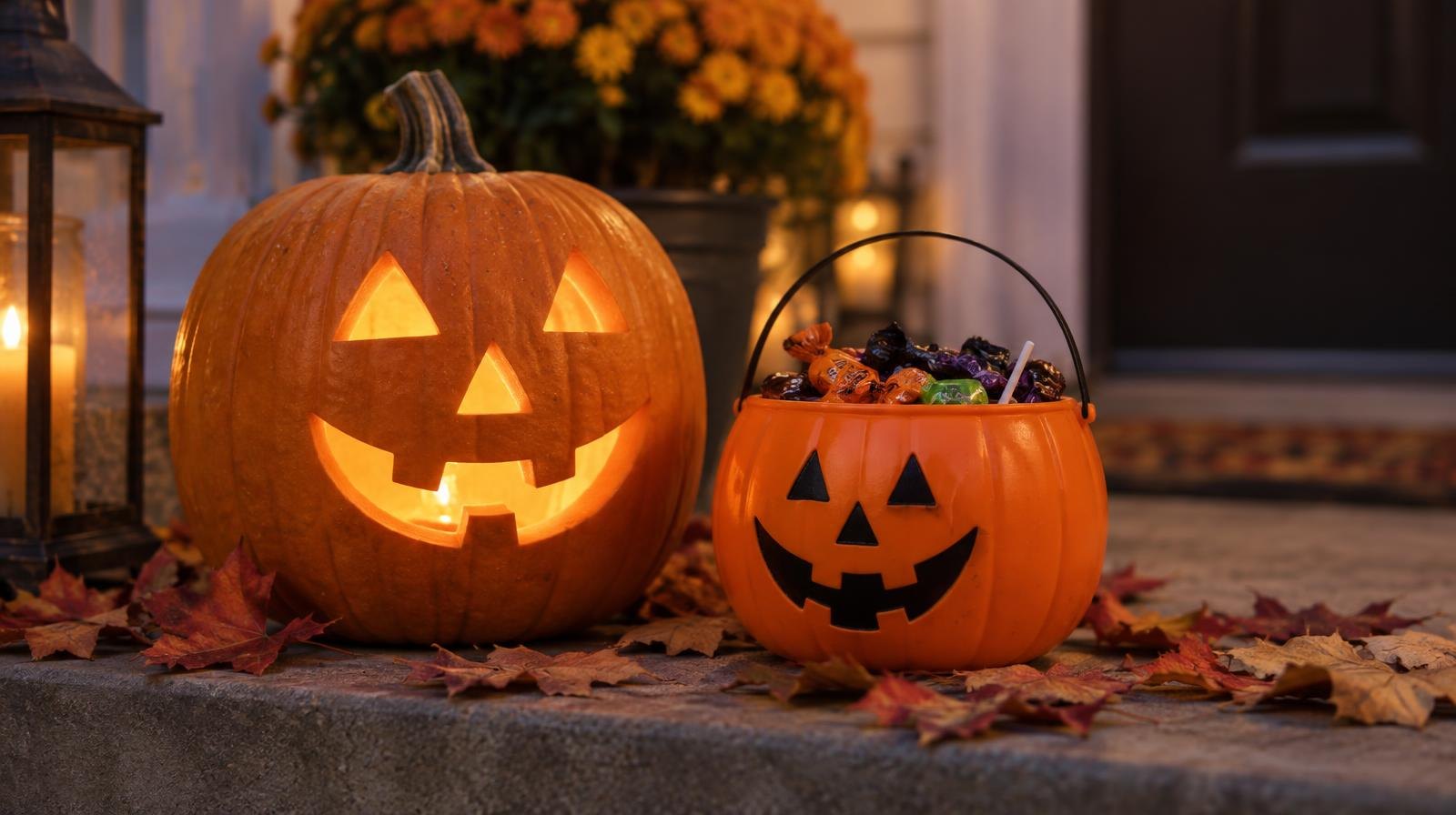 A glowing carved pumpkin and orange candy bucket on a porch surrounded by autumn leaves.