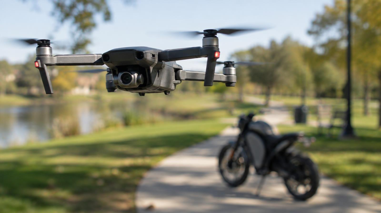 A black quadcopter drone hovers in the air above a paved park path.