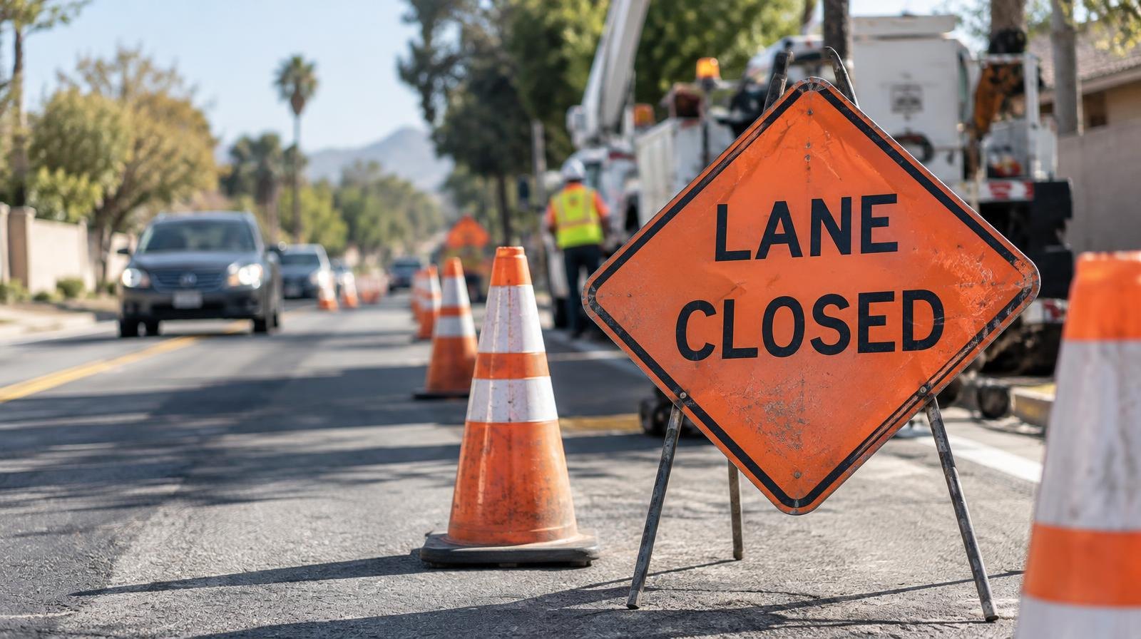 Orange traffic cones and a lane-closed sign channeling traffic into a single lane on a sunny road.