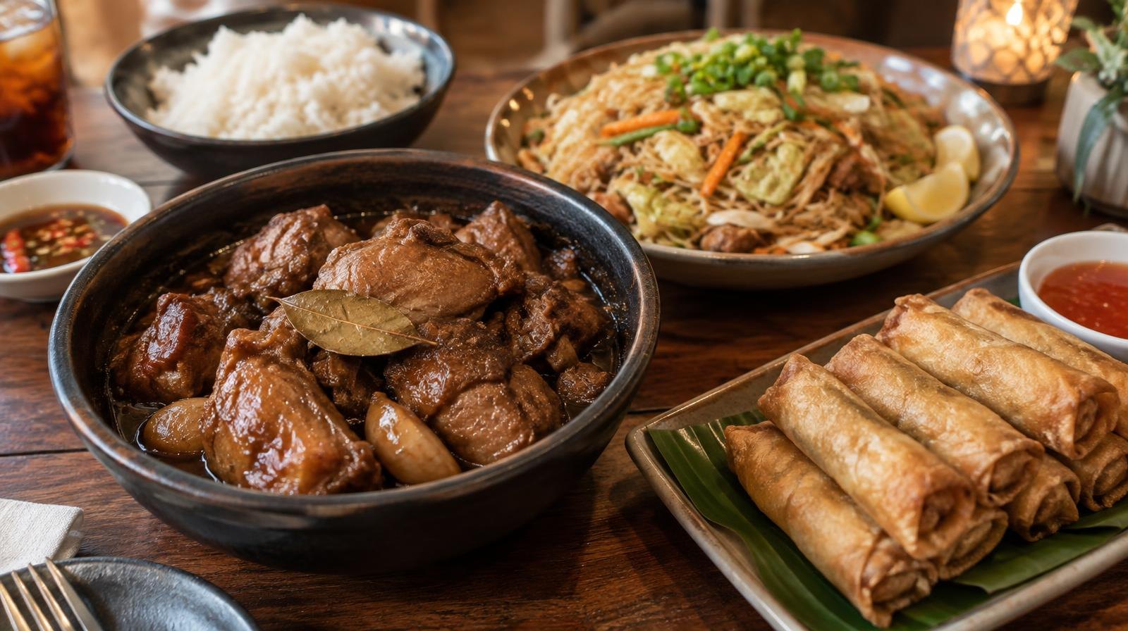 Overhead view of Filipino dishes including adobo, lumpia, and noodles on a wooden table.