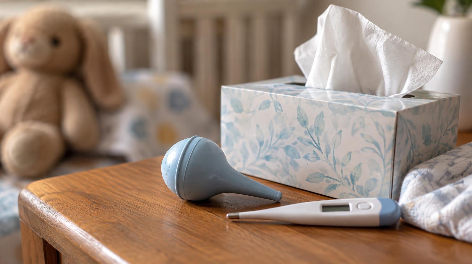 A bulb syringe, digital thermometer, and tissue box on a wooden surface.