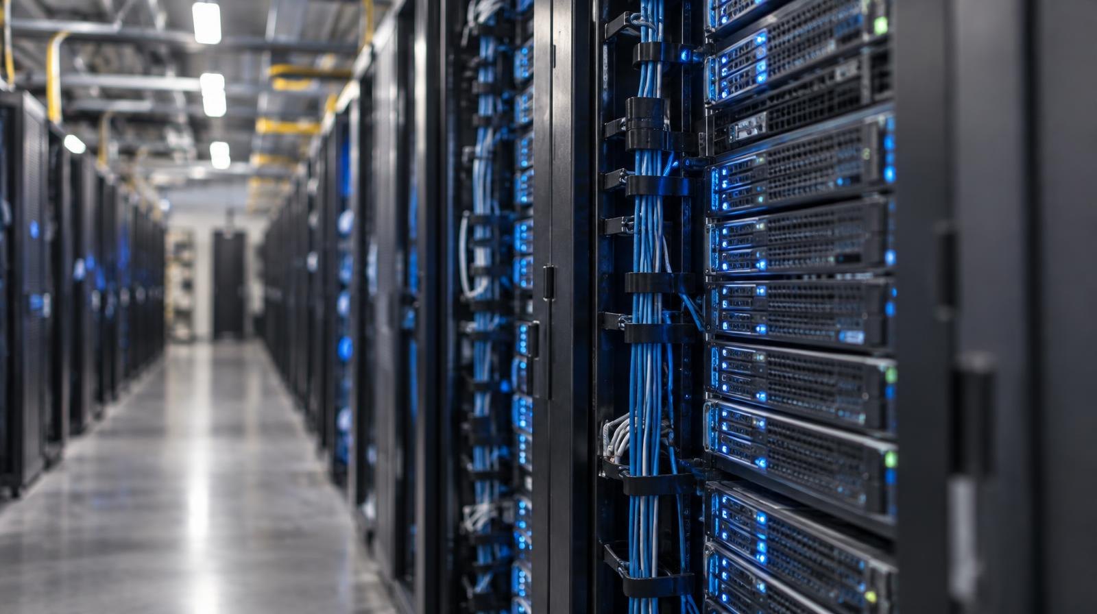 Illuminated server racks with blue indicator lights inside a data center.