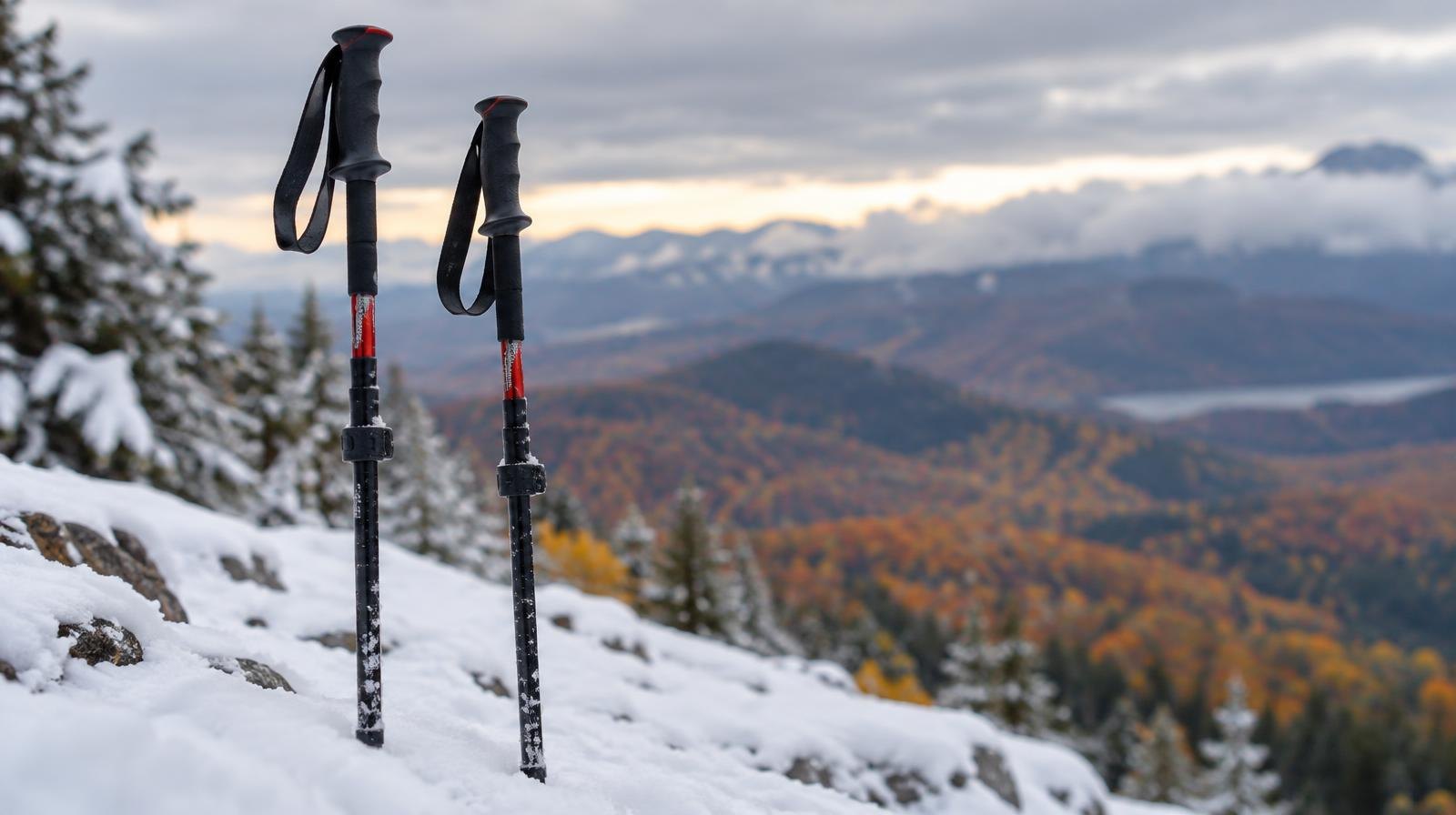 Two ski poles planted upright in fresh snow on a slope, autumn trees below.