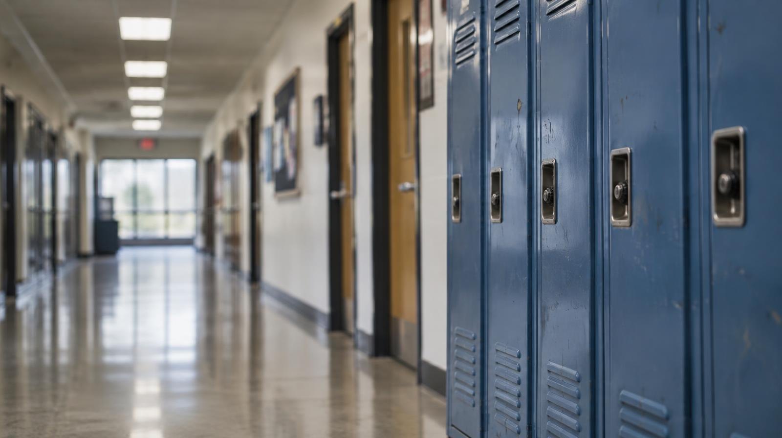 Empty school hallway lined with closed lockers and classroom doors under fluorescent lighting.