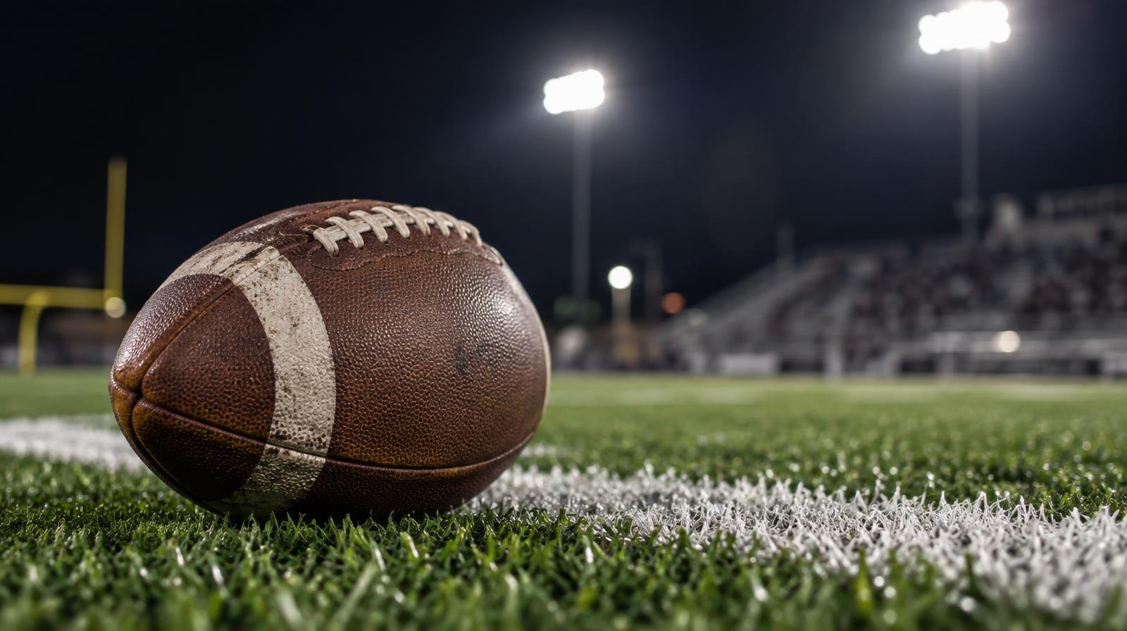 A football resting on green artificial turf near a white yard line under bright stadium lights.