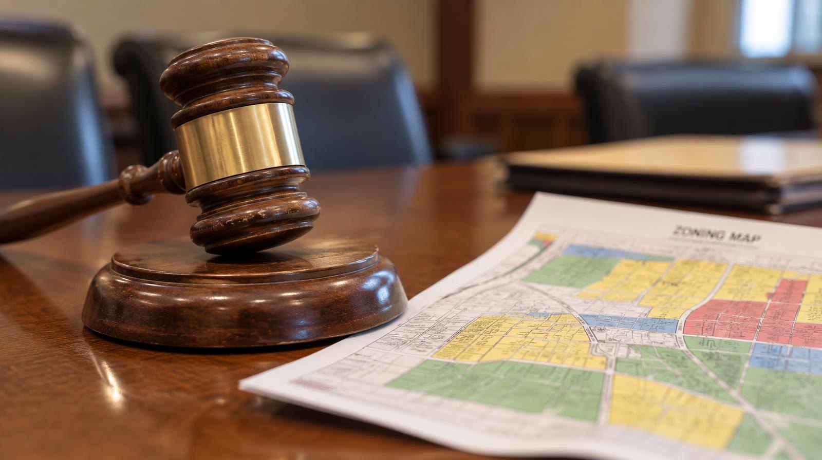 Wooden gavel on its sound block beside a folded map on a table.