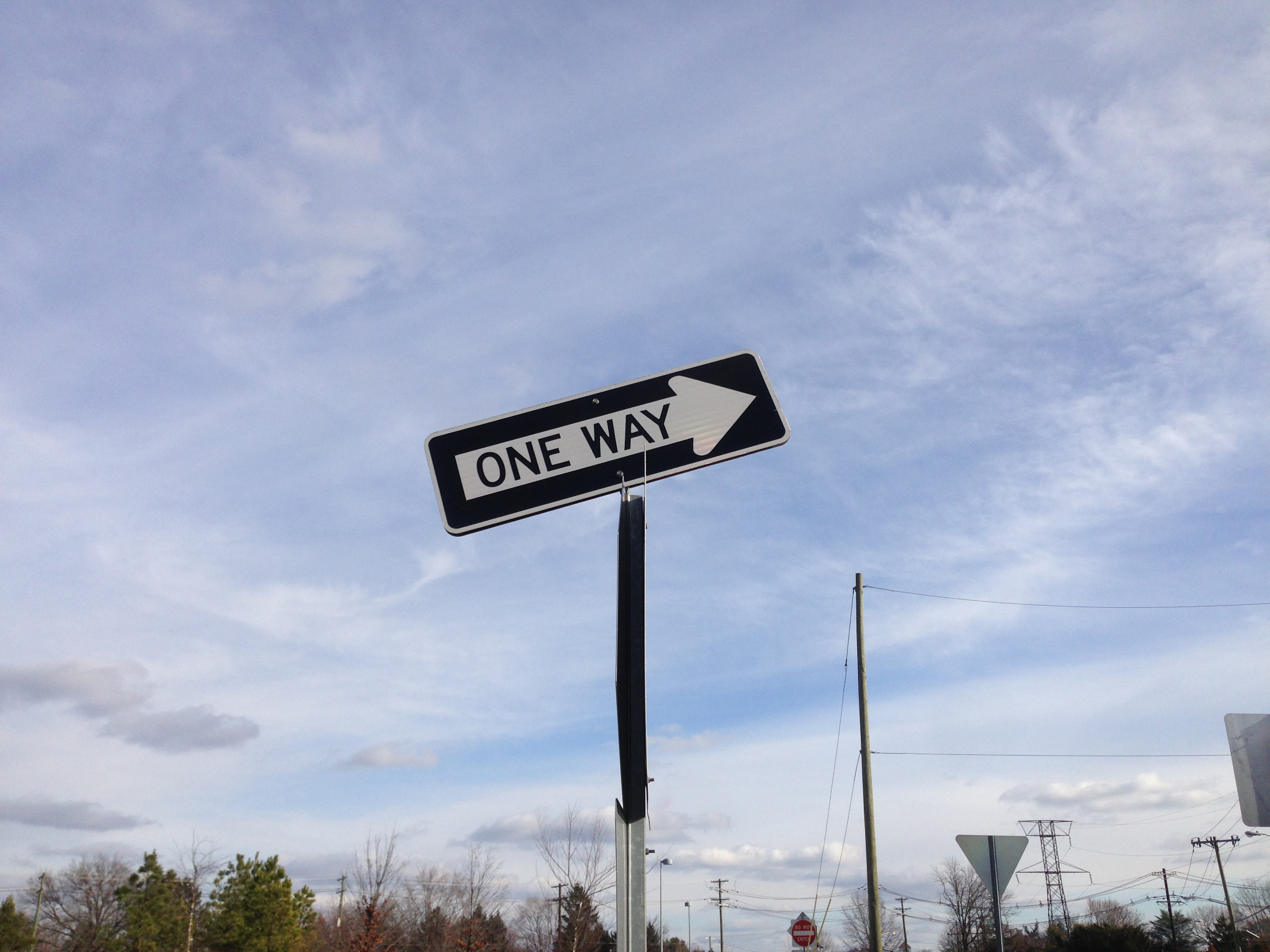 A black one-way sign with white text and right-pointing arrow on a pole against a cloudy sky.