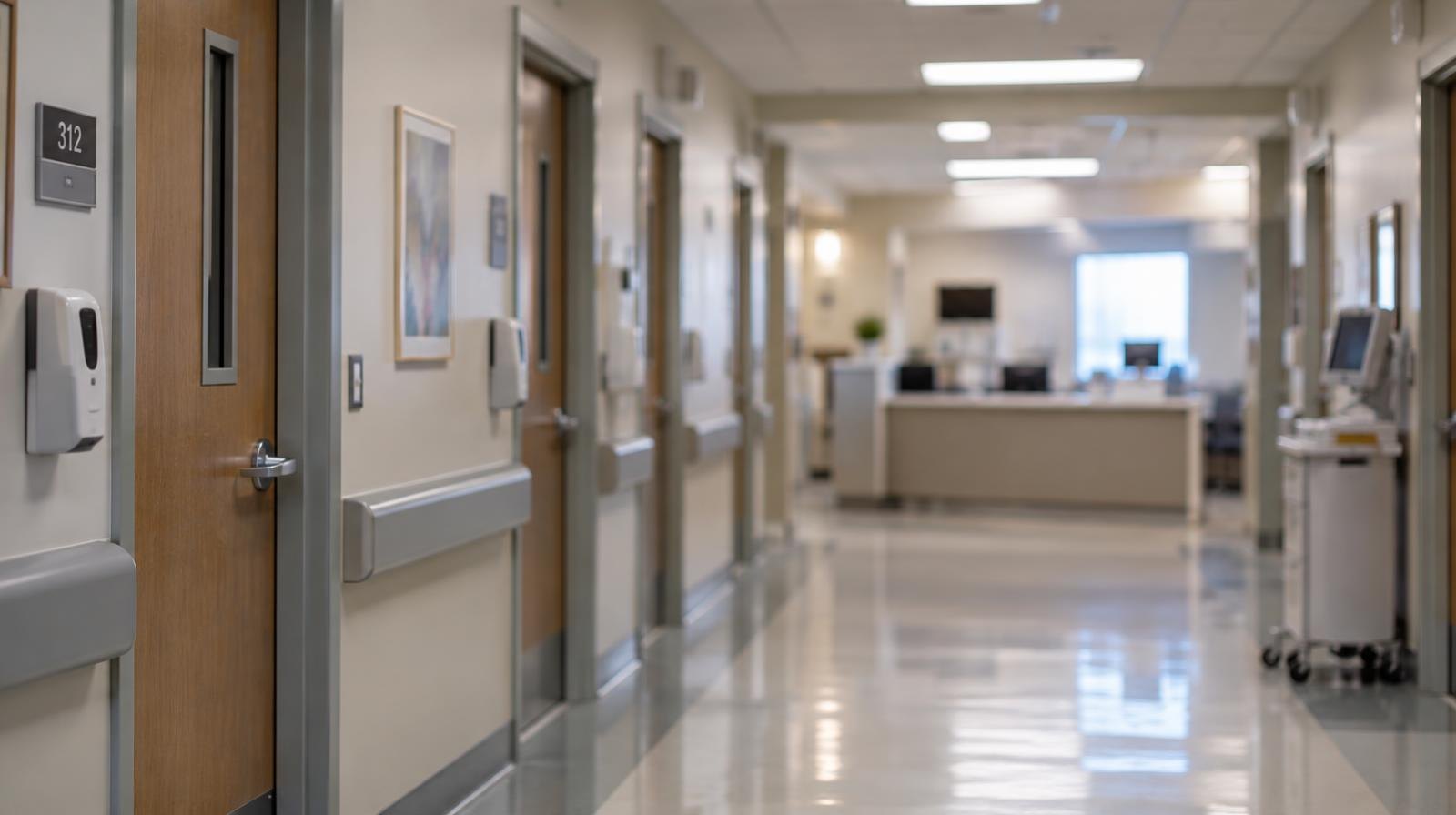 Empty hospital hallway with closed doors and a nurses' station visible