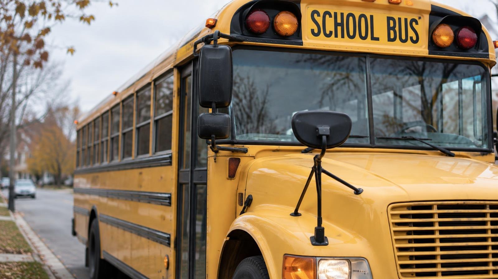 Yellow school bus parked on a suburban street under overcast skies.