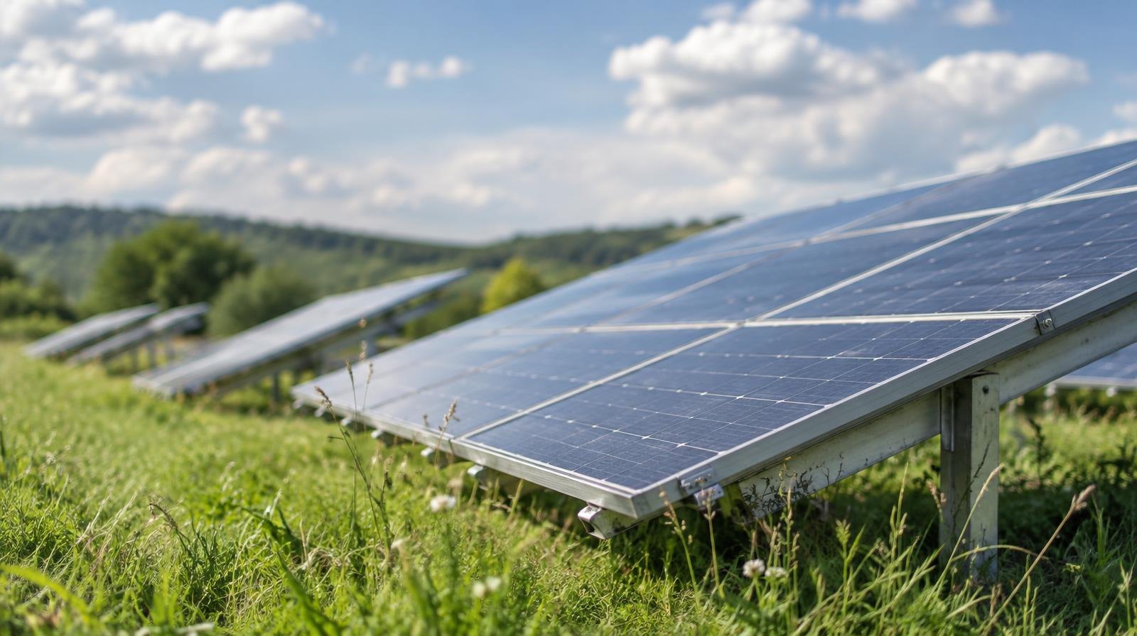 Rows of low-mounted solar panels on a green grassy hillside under a partly cloudy sky.