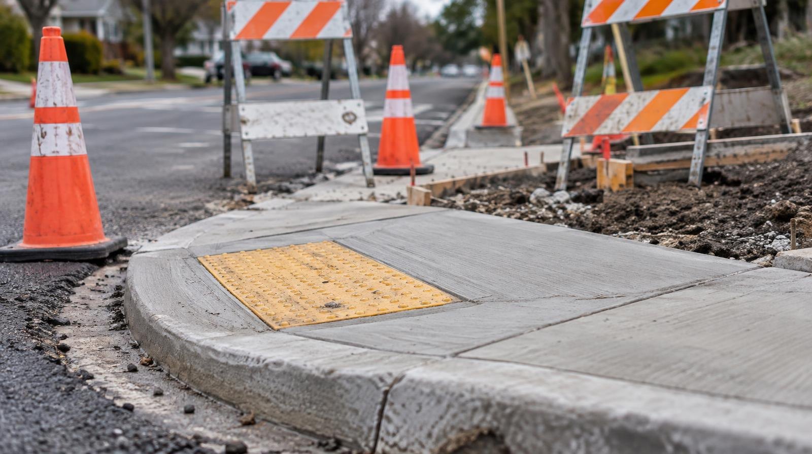 Concrete curb ramp at a street corner surrounded by orange traffic cones and construction barriers.
