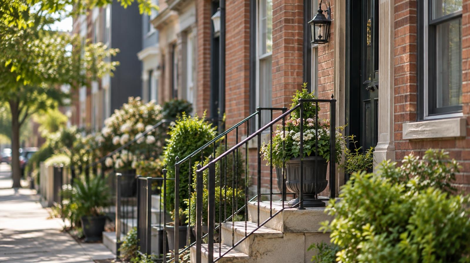 A row of attached townhouses with front stoops on a sunny urban street.