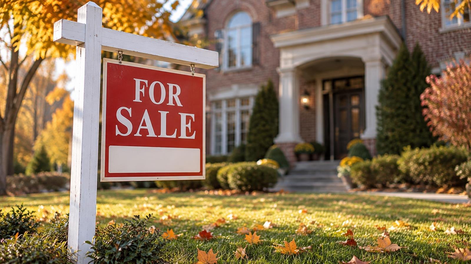 A residential for-sale sign on a manicured lawn in front of a large brick house.