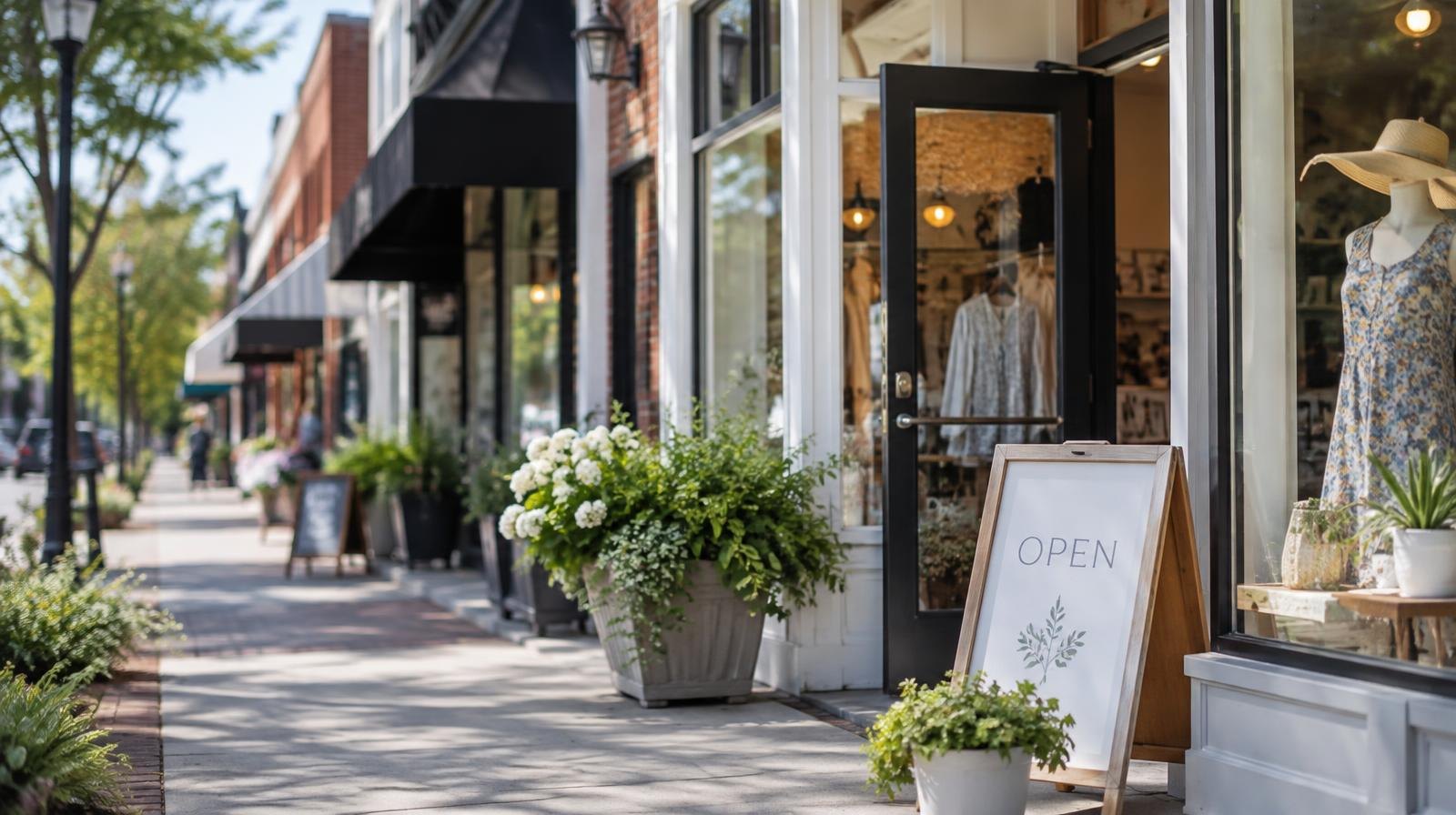 Row of small business storefronts along a sunny suburban commercial street.