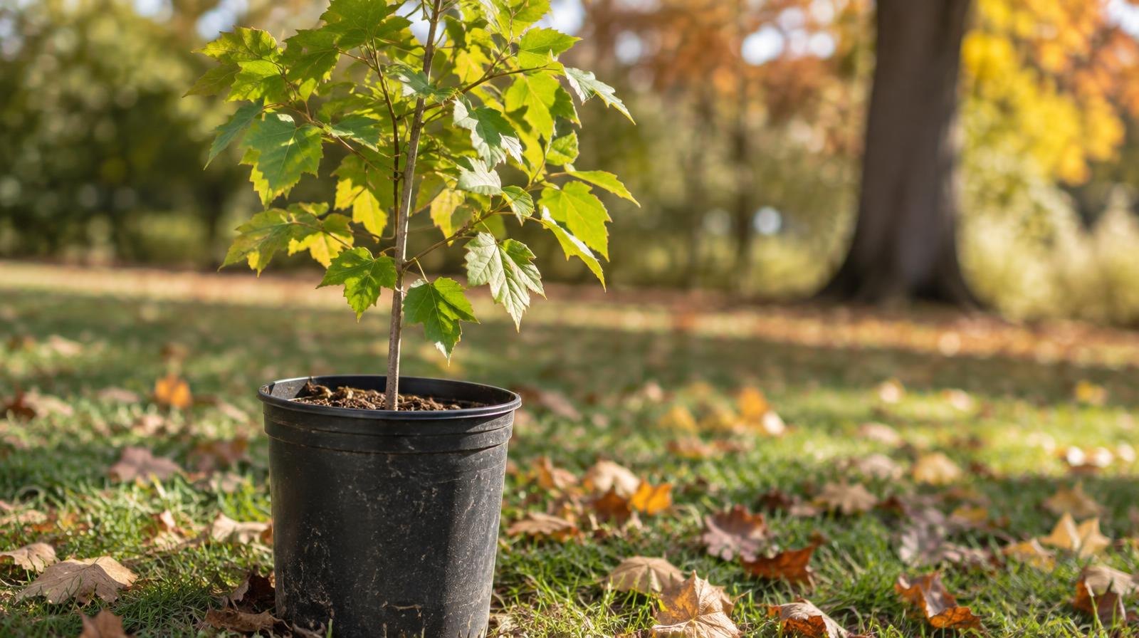 A small leafy tree sapling in a green nursery pot on grass.